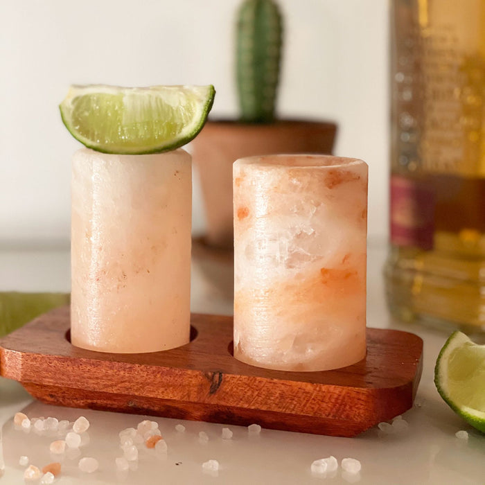 Premium Himalayan Salt Shot Glasses Set of 4 with Wooden Serving Stand