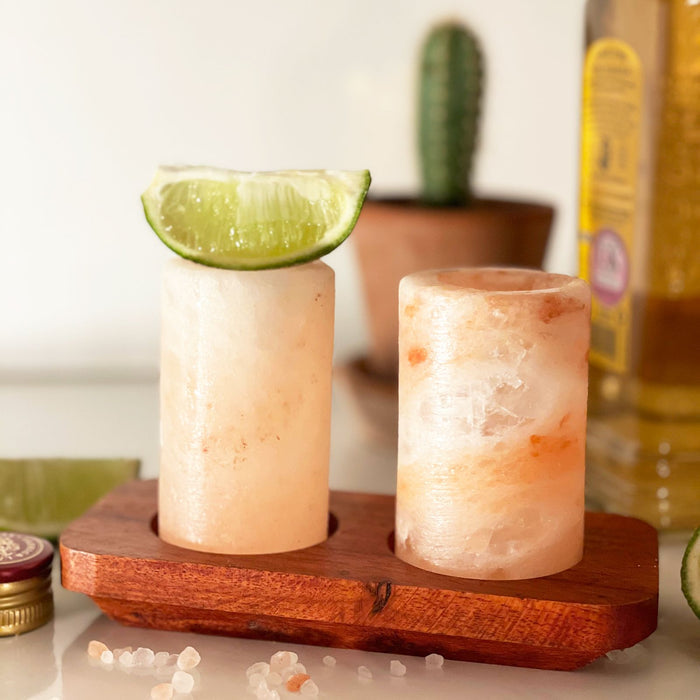Premium Himalayan Salt Shot Glasses Set of 4 with Wooden Serving Stand
