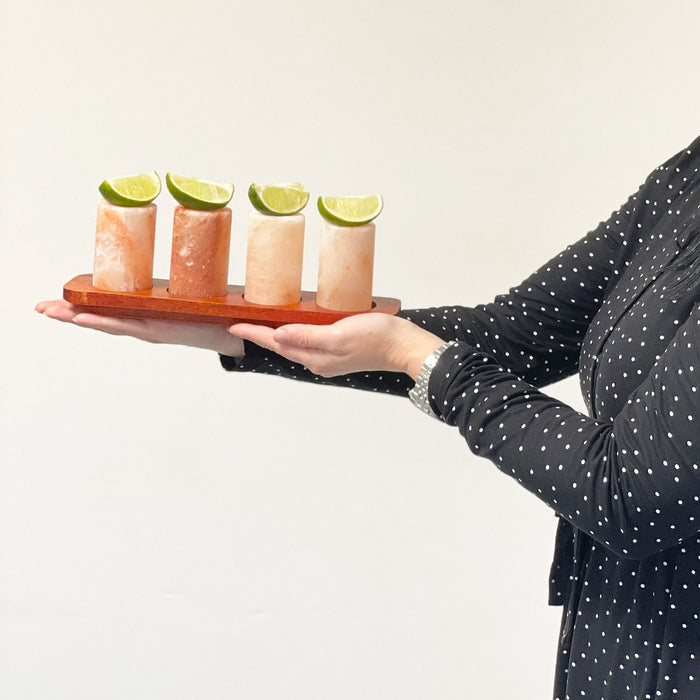Premium Himalayan Salt Shot Glasses Set of 4 with Wooden Serving Stand