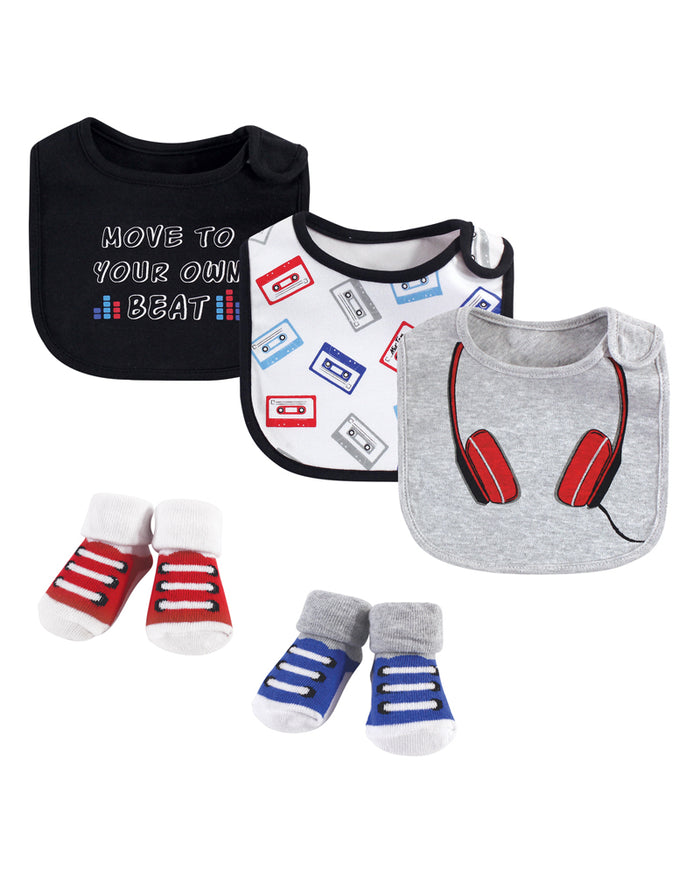 Baby cotton bib and socks set with headphone graphics, dark and grey bib styles