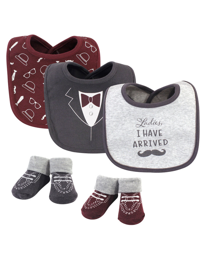Baby bib and socks set: gray and maroon bibs with tux and text; patterned socks
