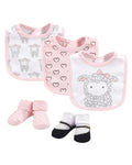 Baby girl bib and socks set, pink trim, printed animals and hearts, soft cotton
