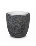 Round dark gray patterned planter with light top insert and textured surface