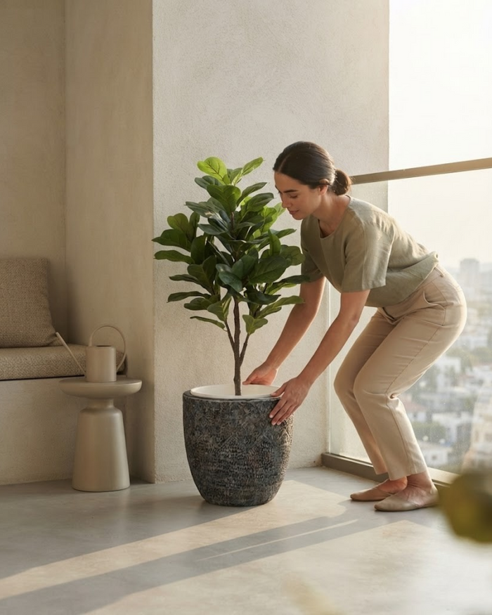 Round decorative planter with dark gray speckled texture, potted with green leafy plant