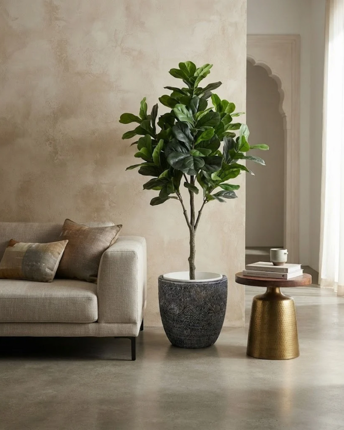 Round decorative planter with dark gray textured pattern and potted tree-form plant