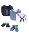 Cotton baby bib and socks set with navy and striped sailor designs, anchor bow bib