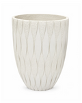 Textured leaf-pattern decorative planter, white pot with raised vertical leaf ridges