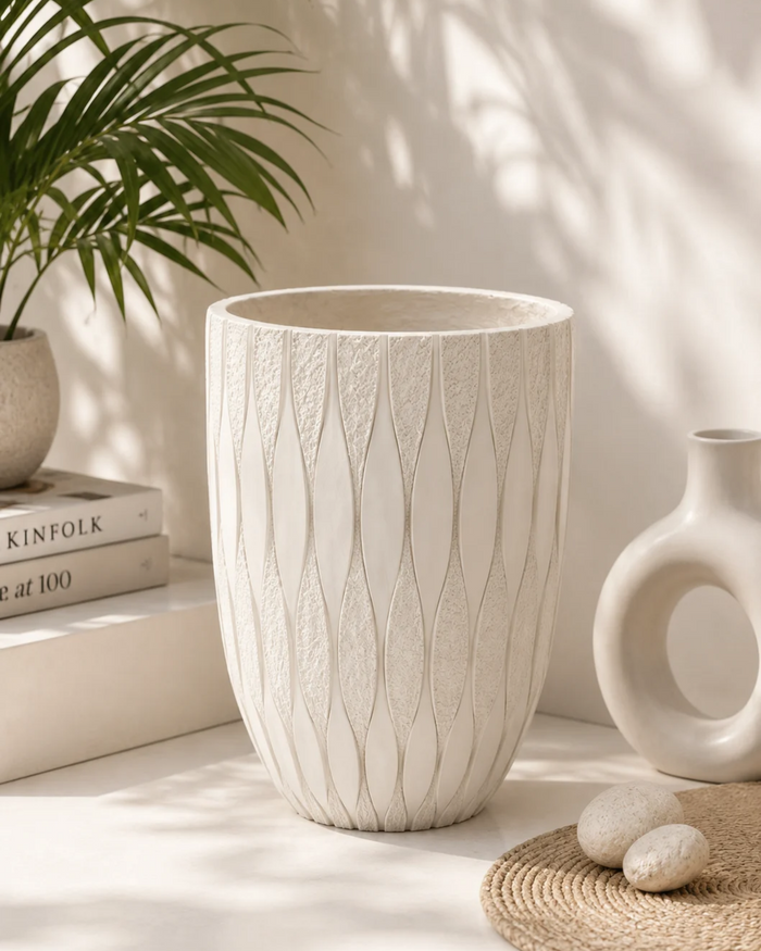 Textured leaf-pattern decorative planter, white textured ceramic pot with curved body