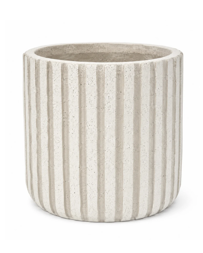 Vertical stripe planter, light beige with vertical grooves and wide rim