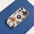 Clear phone case with sun, moon, stars, and planets design on a blue background.