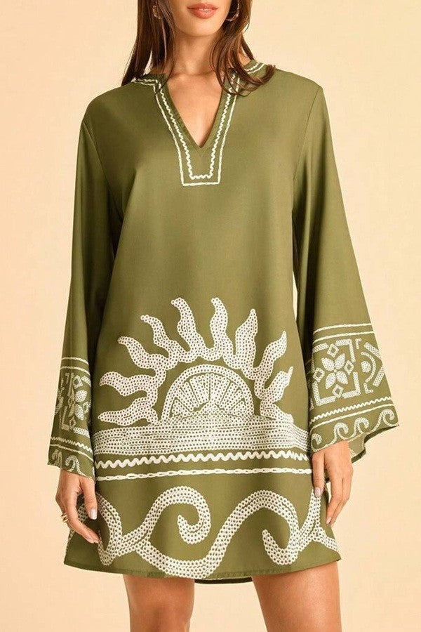 Printed V-neck Tunic Mini Dress