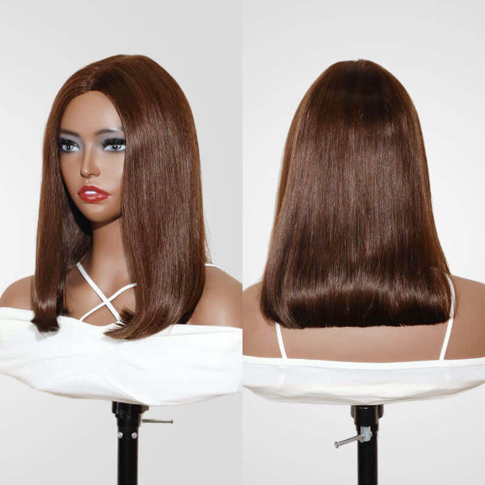 glueless short bob wig with natural parting, dark brown #4 color, made with unprocessed virgin hair