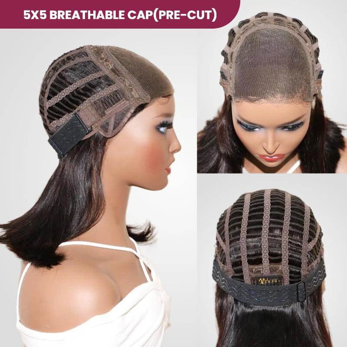 elegant dark brown #4 short bob wig with natural parting, glueless design, made from 15A virgin hair