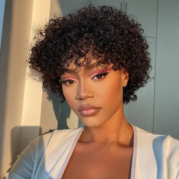 qvr curly short pixie cut human hair bob wig with bangs for a stylish look