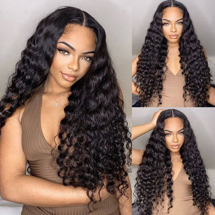 24" natural black deep wave v part wig