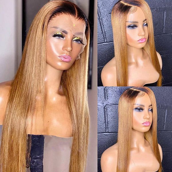 ombre colored striaght human hair wear and go glueless wigs on wig stand