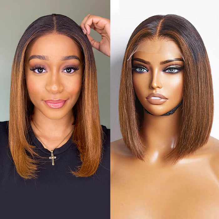 qvr glueless straight ombre brown silky blunt cut human hair short bob wig