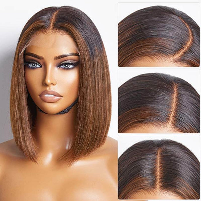silky straight human hair bob wigs with brown highlights, 5x5 lace closure bob wig