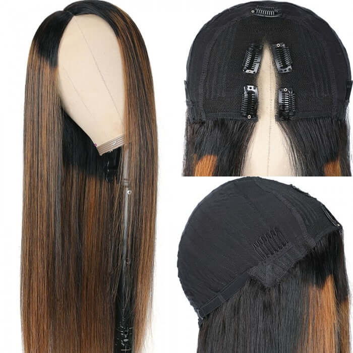 wig cap detail of v part balayage human hair wig
