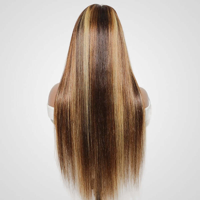 P1B/30/27 colored silky straight v part human hair wig on wig stand back view