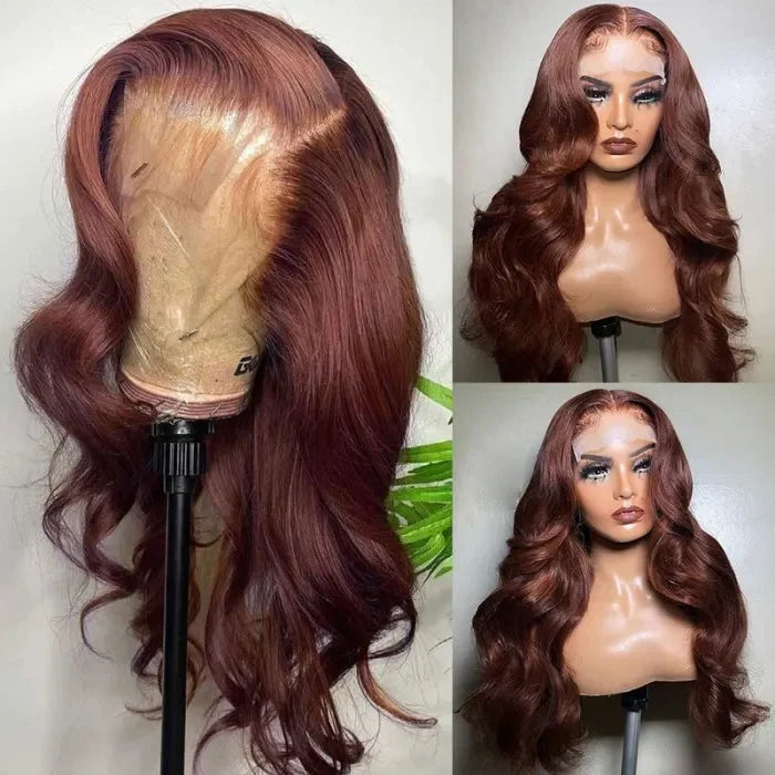 glueless lace wigs in #33 red, designed to complement black women’s natural beauty with a striking body wave