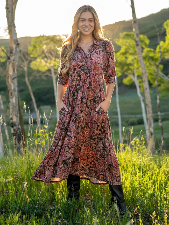 Rebecca "ButterSoft" Midi Dress - Black Sketched Paisley-view 1