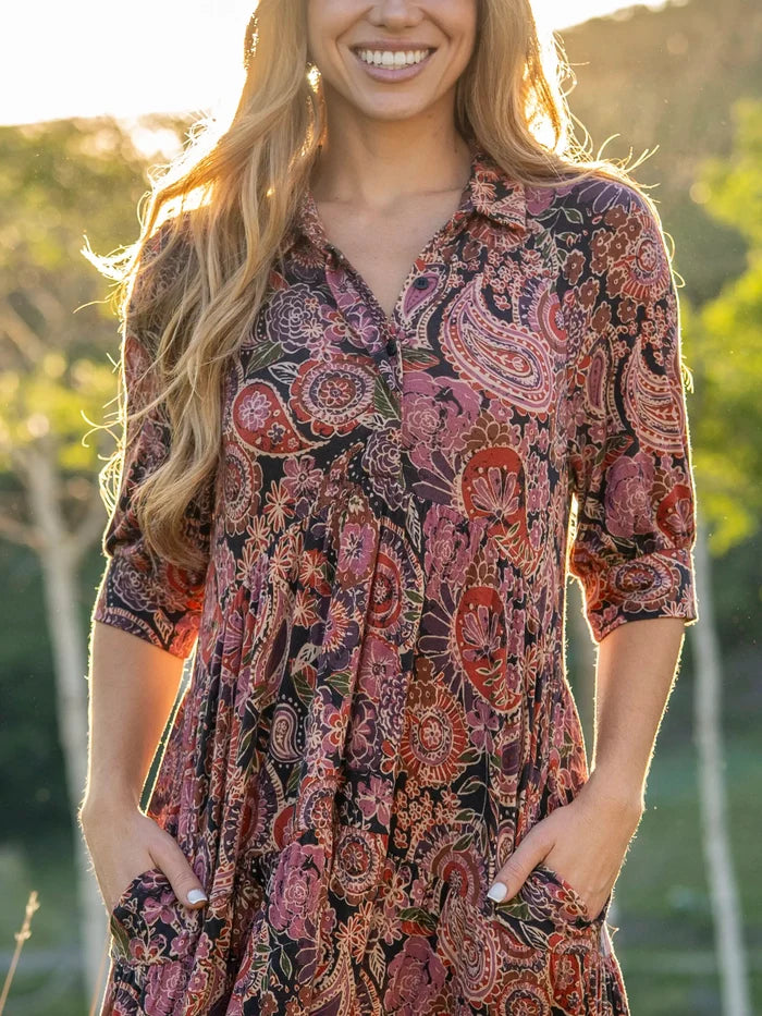 Rebecca "ButterSoft" Midi Dress - Black Sketched Paisley-view 2