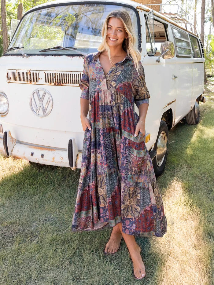 Rebecca Midi Dress - Blue Patchwork-view 2