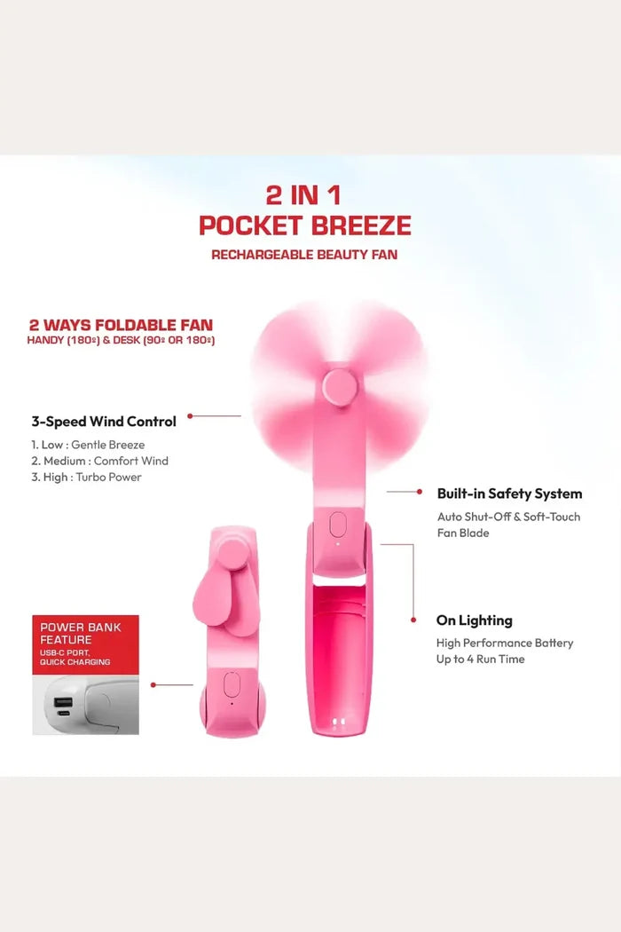 RED 2 IN 1 POCKET BREEZE BEAUTY FAN | Handheld Fan RED BEAUTY