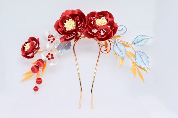 Red handmade Chanhua bridal hair ornament with flowers, leaves and embellishments