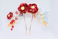 Red handmade Chanhua bridal hair ornament with flowers, leaves and embellishments