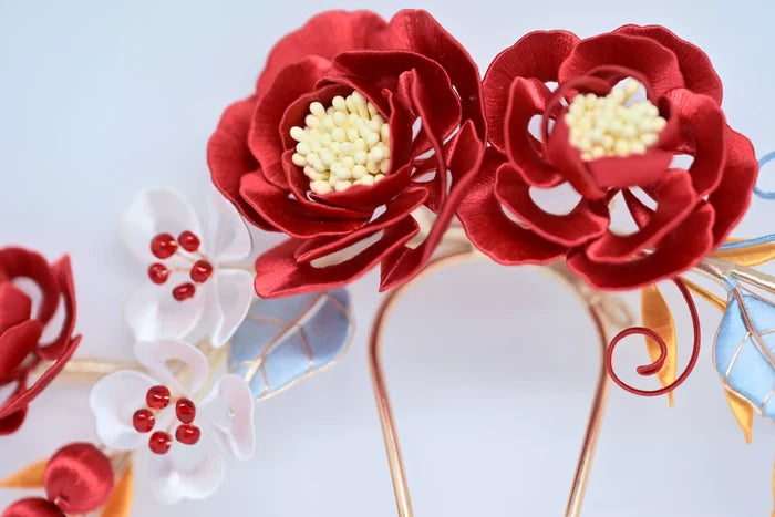 Red handmade Chanhua bridal hair ornament with flowers, leaves and embellishments-2