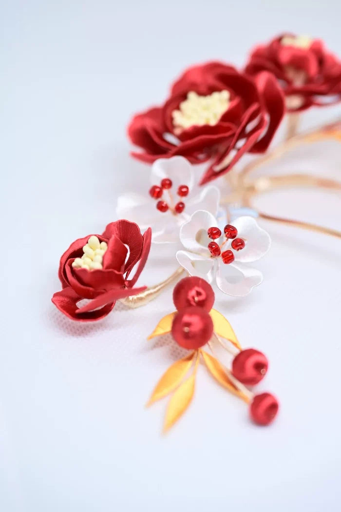 Red handmade Chanhua bridal hair ornament with flowers, leaves and embellishments-3