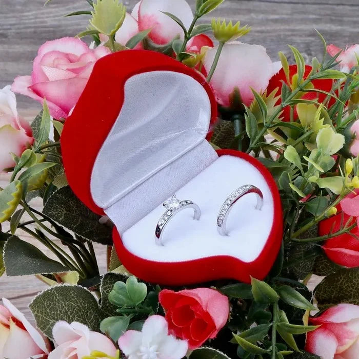Wedding -  Red Heart-Shaped Velvet Double Ring Box