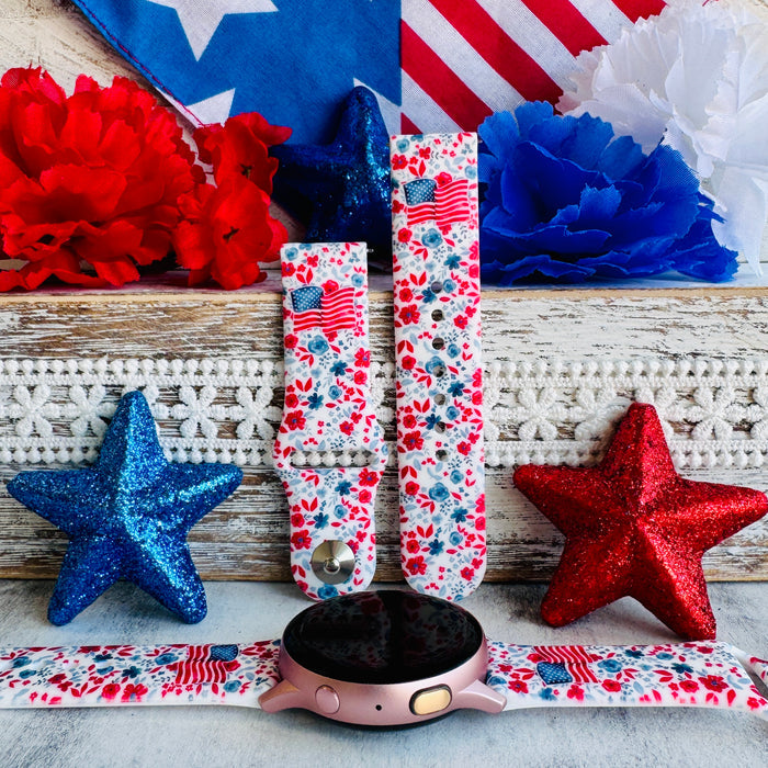 Red, White, & Bloom Print Silicone Band For Samsung Watch
