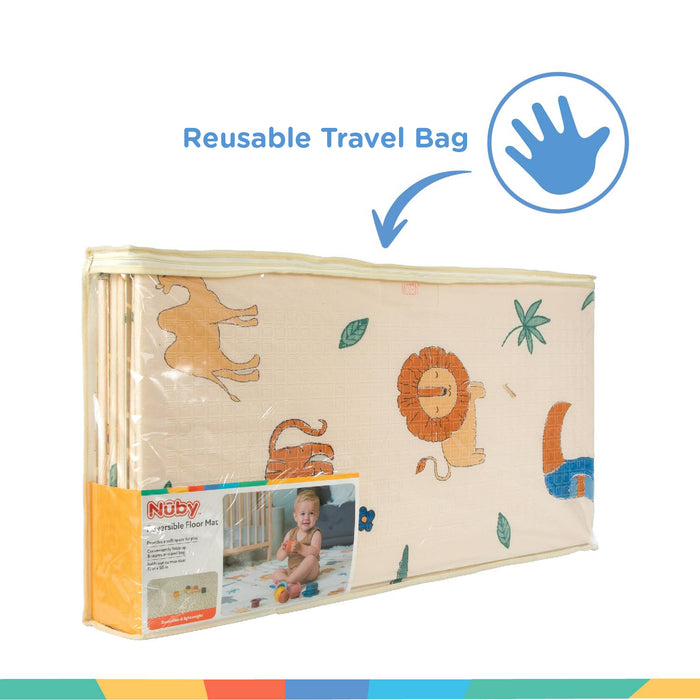 The Reversible Floor Mat | Safari with animal designs is shown folded in a transparent, reusable travel bag. An arrow and hand icon emphasize the convenient travel bag above the product for easy portability.