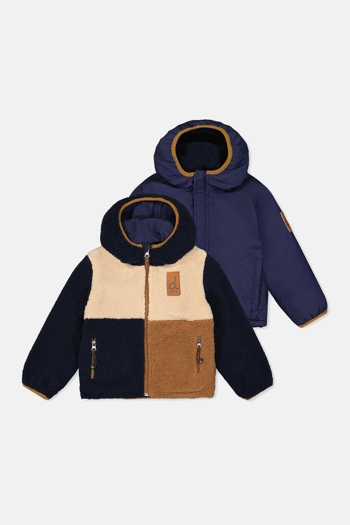 Reversible Mid-Season Jacket Dark Blue, Beige And Brown-0