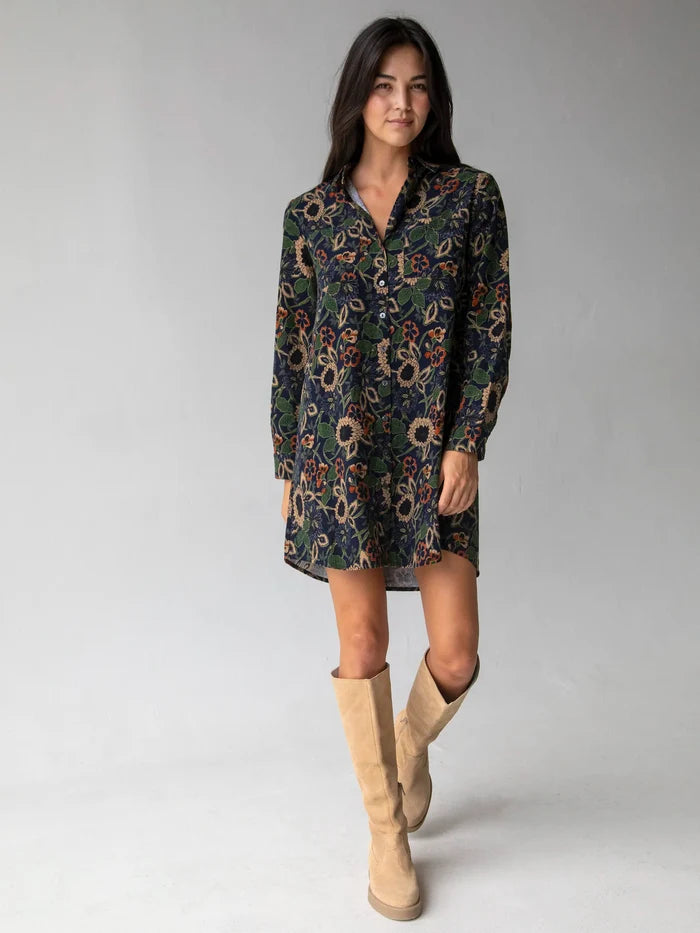 Rocky Corduroy Dress - Navy Tan Dahlias-view 1