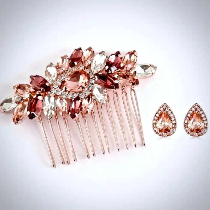 Bridal Party Gifts - Rose Gold Bridal Hair Comb With Matching Earrings