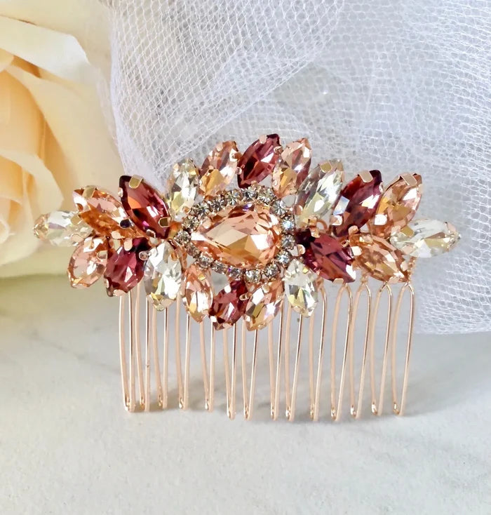 Bridal Party Gifts - Rose Gold Bridal Hair Comb With Matching Earrings