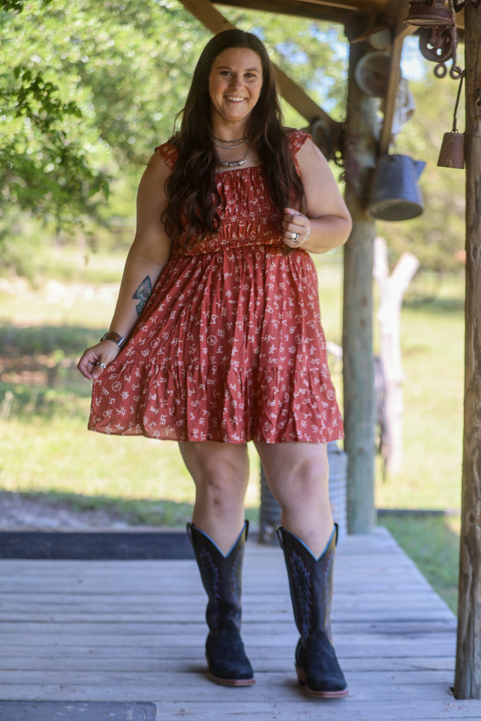 Rust Cattle Brand Printed Flutter Dress