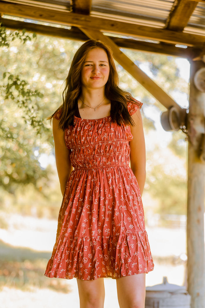 Rust Cattle Brand Printed Flutter Dress