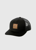 Black RVCA trucker cap with leather patch on a light gray background