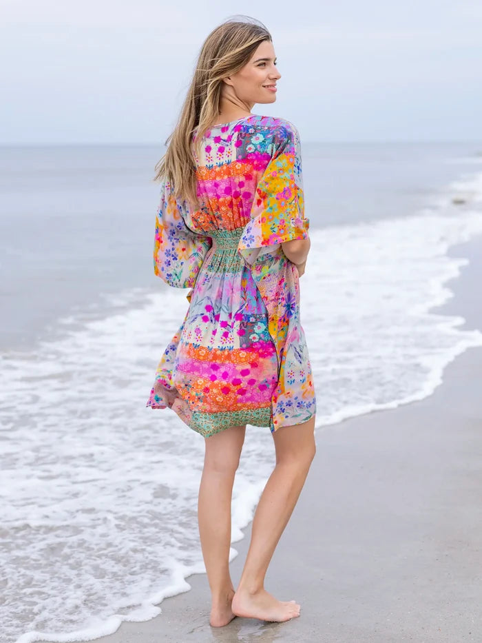Sanibel Kaftan Mini Dress - Pink Watercolor Patchwork-view 1