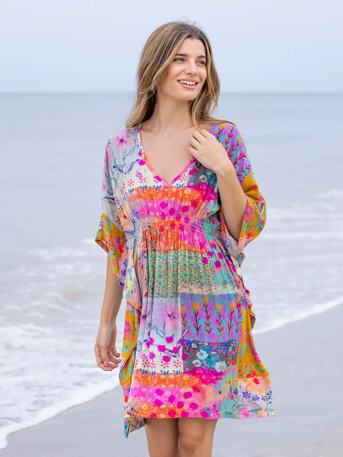 Sanibel Kaftan Mini Dress - Pink Watercolor Patchwork-view 2