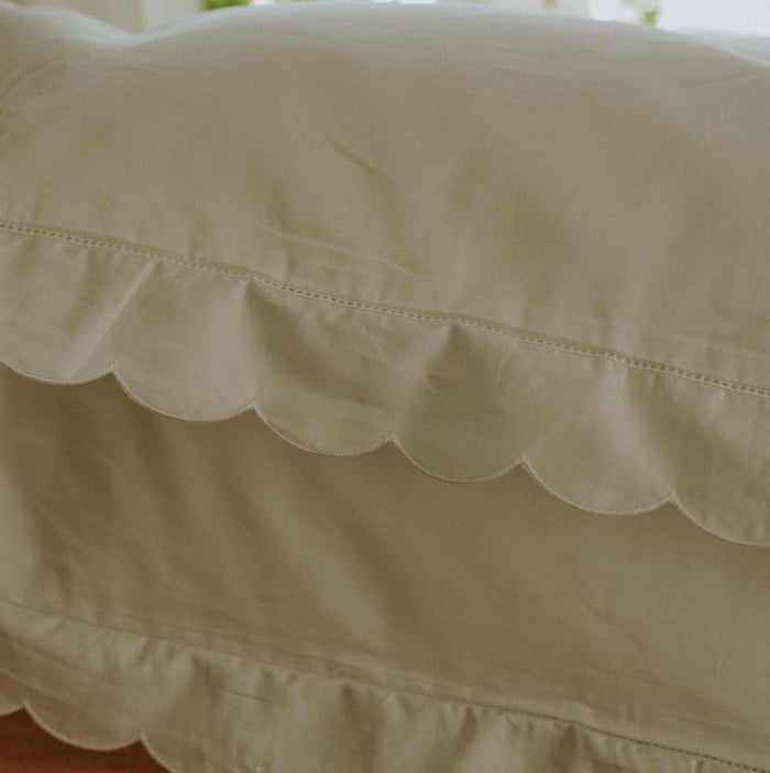 Scalloped Starlight Standard Pillowcase in White detail of scalloped and embroidery