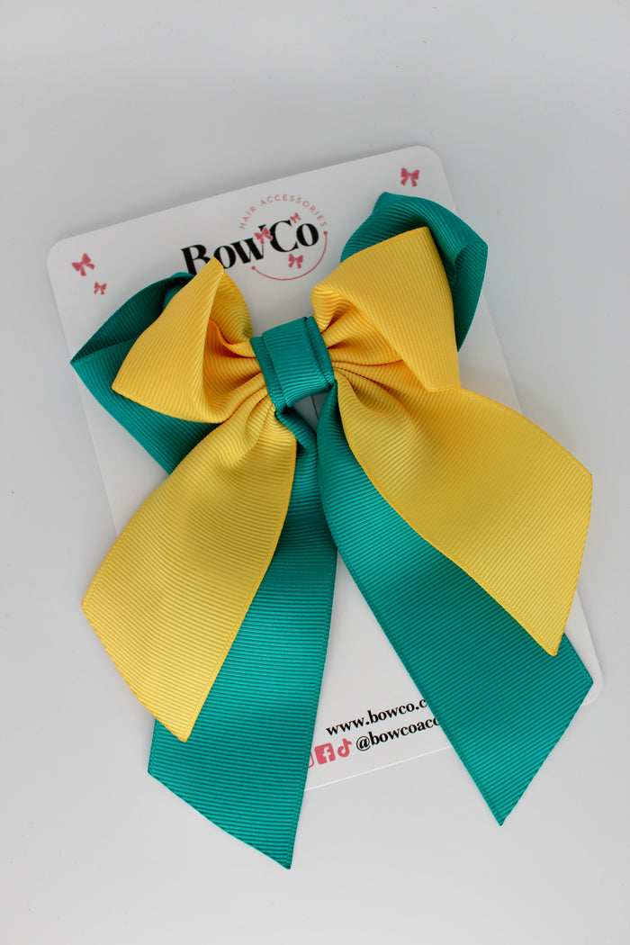 School Bow - Jade Green and Yellow Gold - Loop Tail Hair Bow - Clip