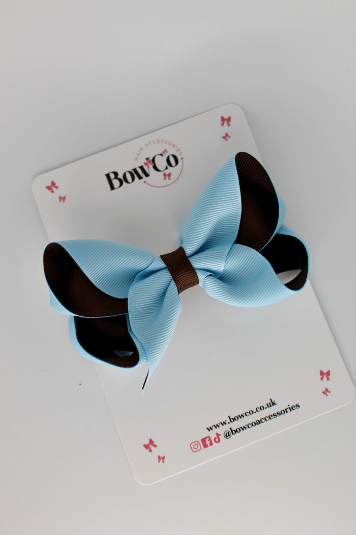 School Bow Blue Topaz and Brown - Loop Bow - Clip