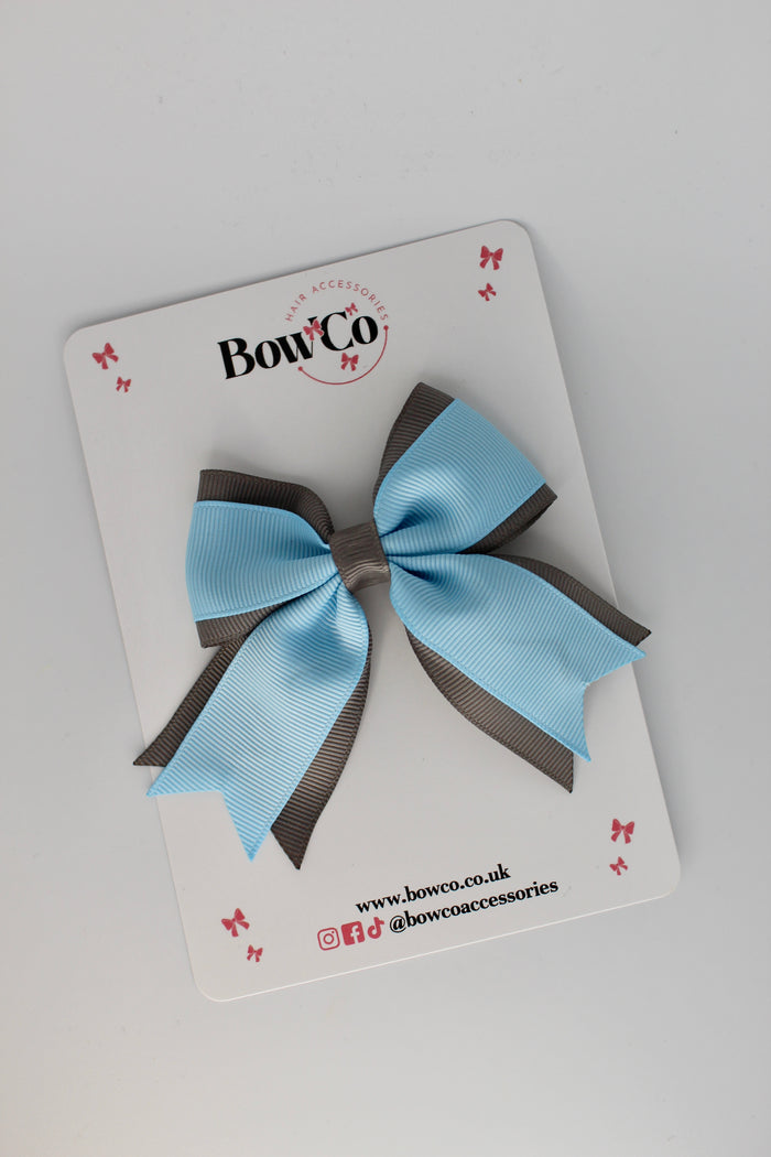 School Bow Blue Topaz and Metal Grey - Tail Bow Clip