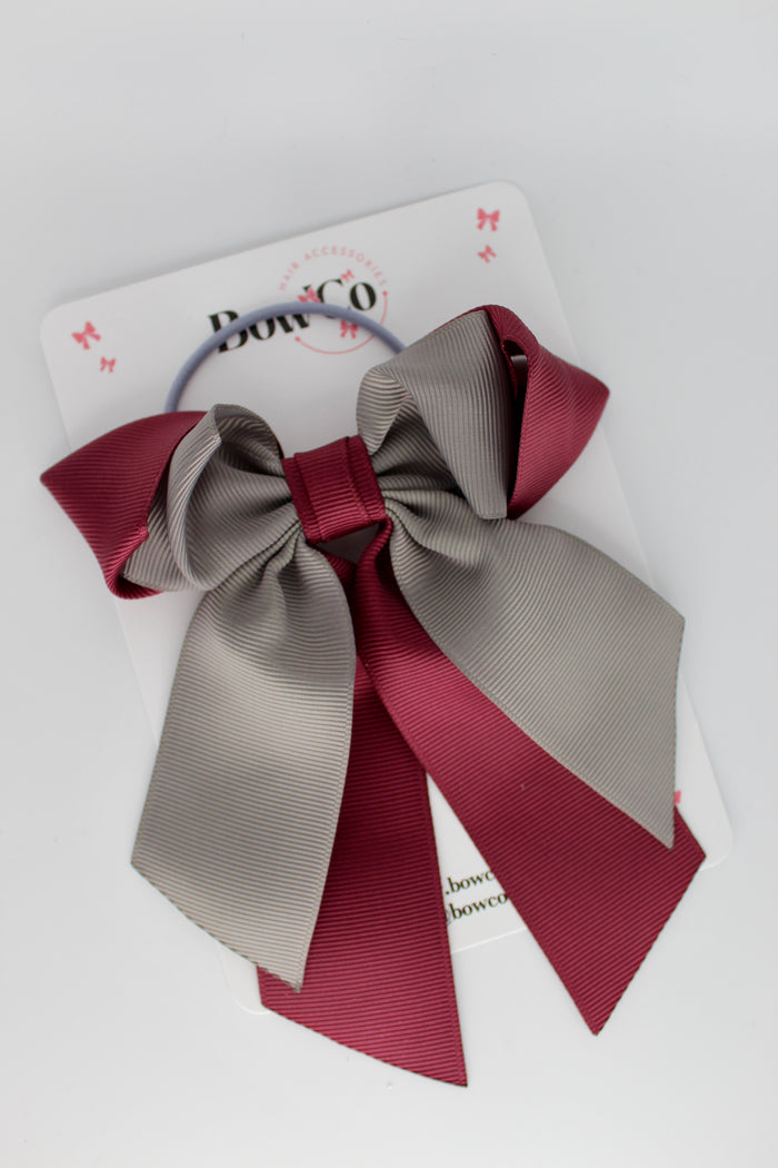 School Bow Burgundy and Metal Grey - Loop Tail Bow - Elastic